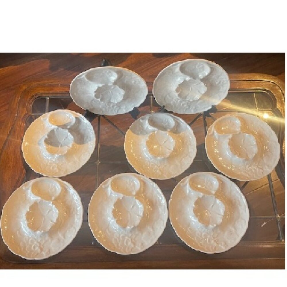 9 ¾” Artichoke Plates Set of 7, All White Divided into 3 Sections